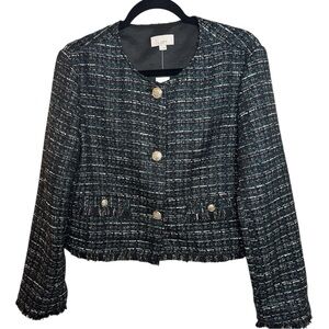 LOFT Dark Green Black Tweed w/ Metallic Thread Women's Jacket Gold buttons